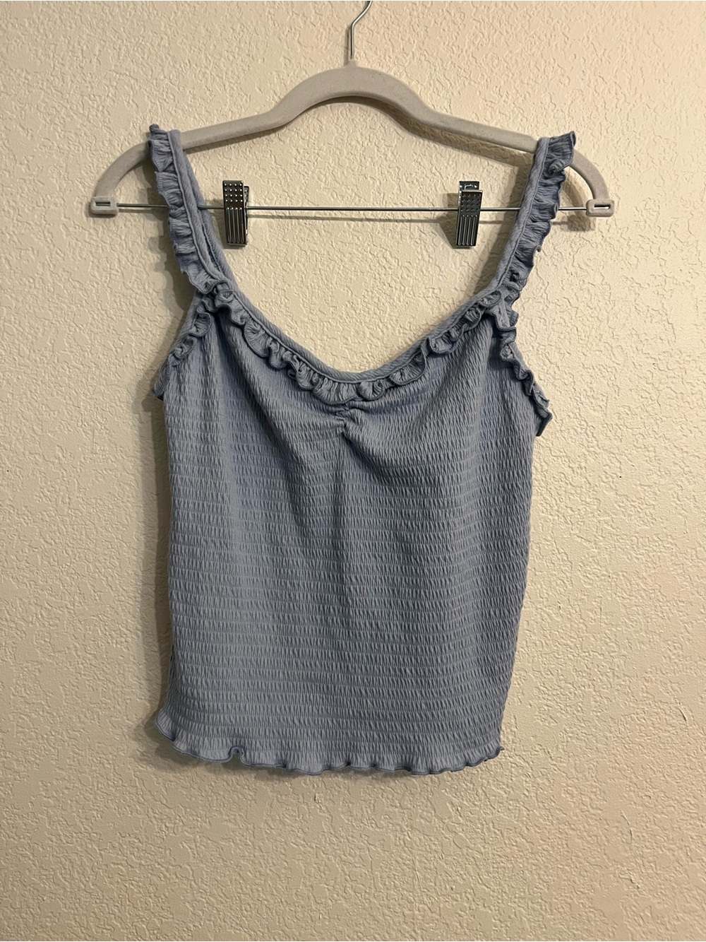 Smocked Ruffle-Trim Tank Top in Light Blue